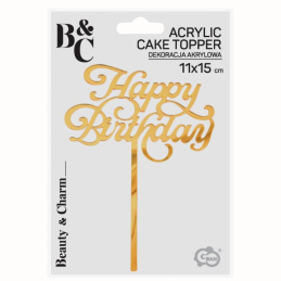 Złoty Topper - Happy Birthday - akrylowa dekoracja na tort - wys. 15 x szer. 11 cm - PF-DAHB GoDan - Cukieteria.pl